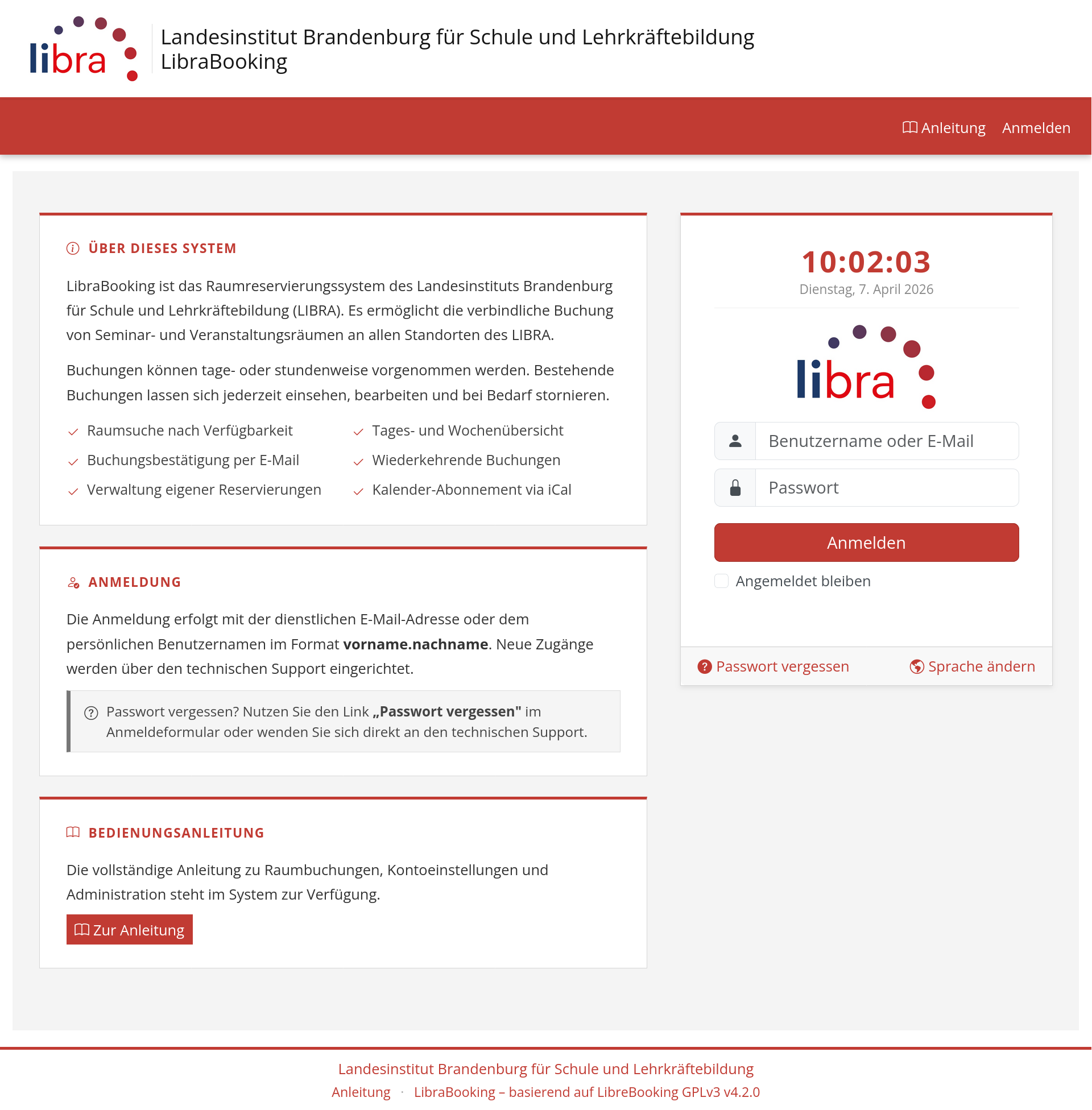 Die Anmeldeseite von Raumbuchung